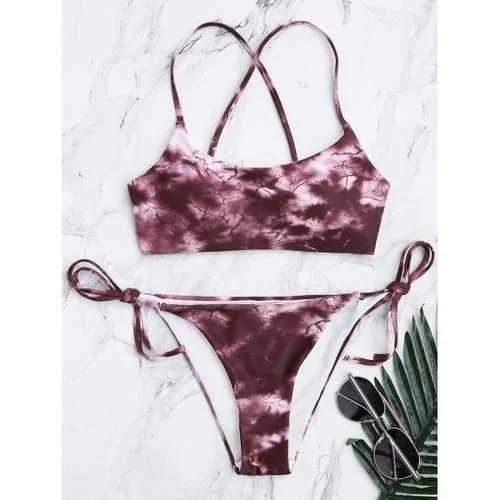 Tie Dye Criss Cross Tied Bikini Set - Brick-red Xl Tie-side bikini, Adjustable fit, Comfortable, Sexy