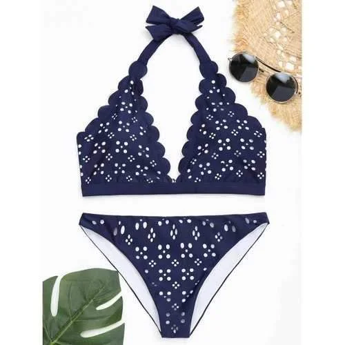 Scalloped Trim Openwork Bikini Set - Cerulean L Bikinis with buttons, Trendy, Sexy, Fashionable