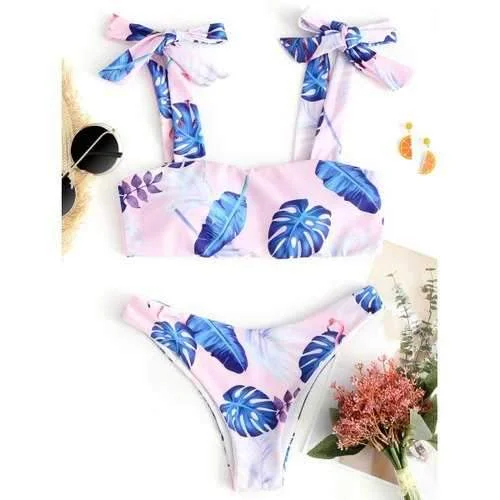 Knot Palm Leaves Print Bikini Set - Pink M High-waisted two-piece bikini, Vintage style, Comfortable, Sexy Knot Palm Leaves Print Bikini Set - Pink M High-waisted two-piece bikini, Vintage style, Comfortable, Sexy
