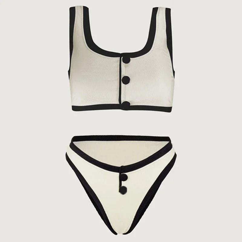 Vintage Color Block High Leg Cheeky Button Trim Ribbed Crop Bikini Set Bikini with button detail, Trendy, Chic, Sexy