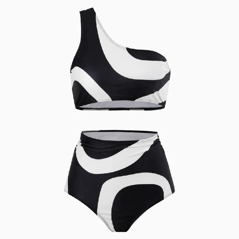 Vintage Contrast Wave Ruched High Waist Modest One Shoulder Bikini Set High cut bikini, Sexy, Trendy, Vintage Vintage Contrast Wave Ruched High Waist Modest One Shoulder Bikini Set High cut bikini, Sexy, Trendy, Vintage