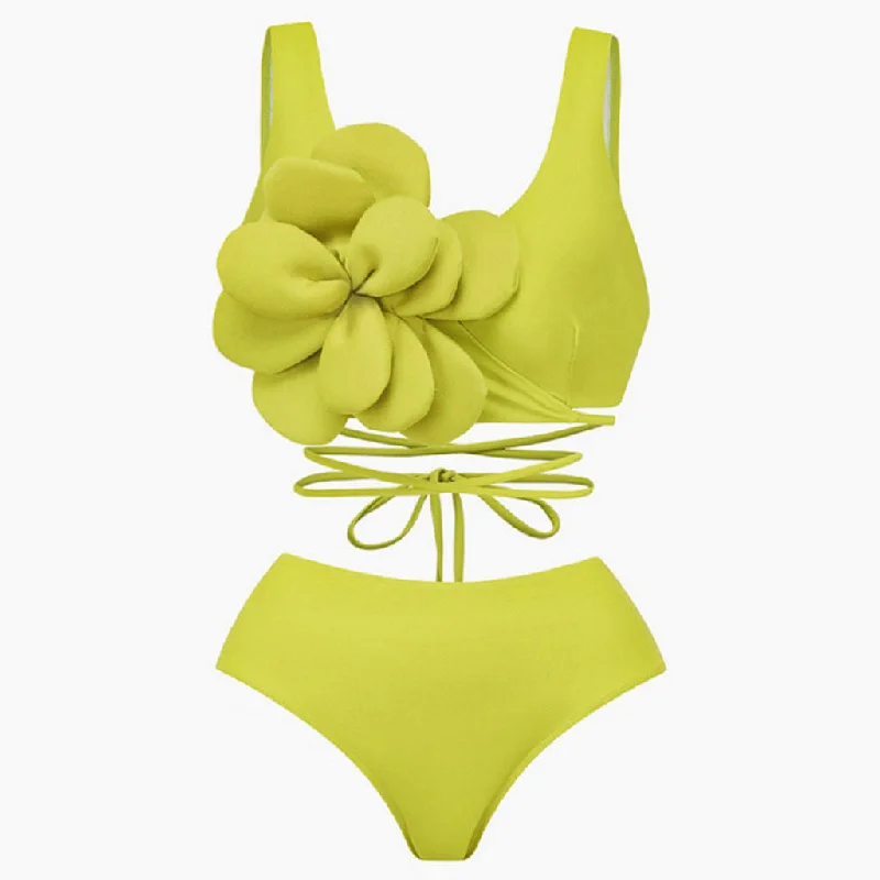 Vintage High Waist Moderate 3D Rosette Applique Wrap Around Bikini Set Backless bikini, Sexy, Elegant, Trendy