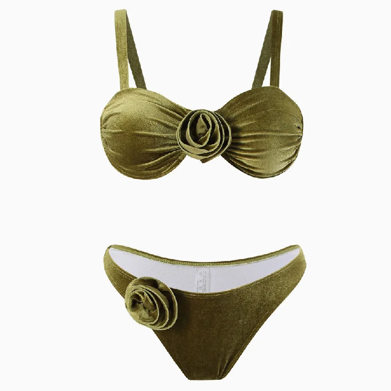 Vintage Velvet High Leg Cheeky Ruched Rosette Sweetheart Underwire Bikini Set Knit bikini, Comfortable, Trendy, Chic