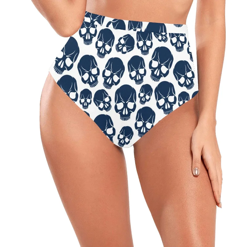 Women's Blue Skulls High-Waisted Bikini Bottom Plunge front bikini, Deep-V, Sexy, Trendy