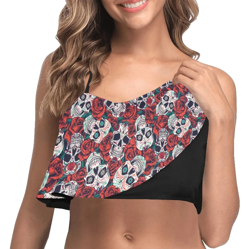 Women's Red Roses Skulls Ruffle Bikini Top Padded bikini set, Comfortable, Supportive, Stylish